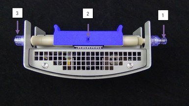 Figure 2: Top View of the Standard NTA Cell Assembly: (1) Valve of sample inlet. (2) Cell Unit is mounted at the center. (3) A check-valve at the sample outlet ensures leaking free operation, when the syringe is removed from port (1). The Unit (2) is red in case of the X-NTA Cell Assembly.